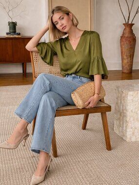 Laroque Originals 100% Silk Top Olive Green One Size Poncho Style Pleated Back